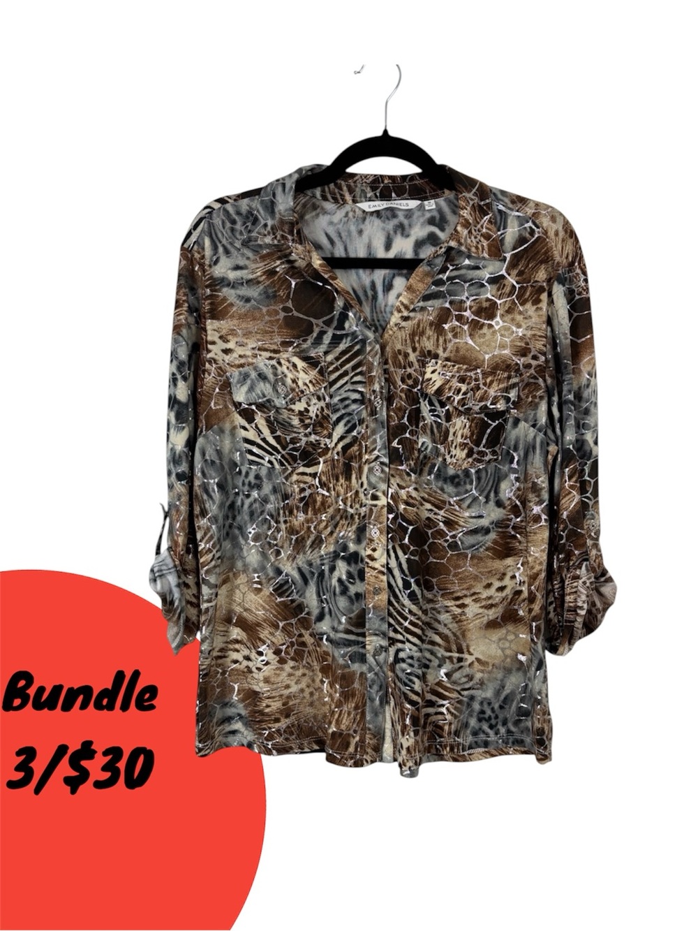 Emily Daniel’s Multi Animal Print Button-Down Multi 3/4 Cuffed Sleeve Shirt